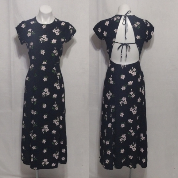 Urban Outfitters Lindsey Floral Midi Dress Cap Sleeve Side Slit Cutout Tie Back - Picture 3 of 15